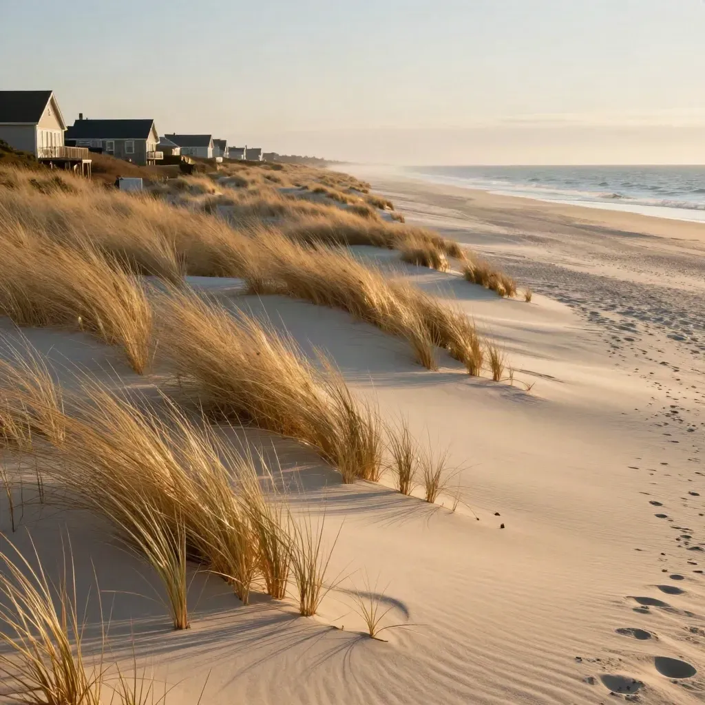 Long Island dunes with beach grass, shingle houses and a hazy Atlantic horizon
