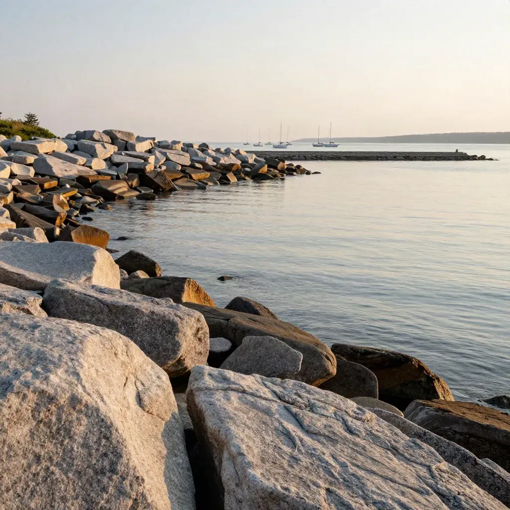 Rocky Connecticut shoreline at golden hour with harbor water and distant sailboats.