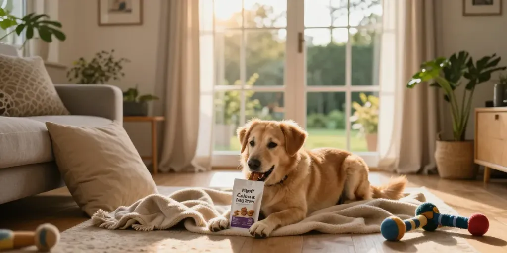 Happy dog enjoying Calming Dog Treats in a cozy living room