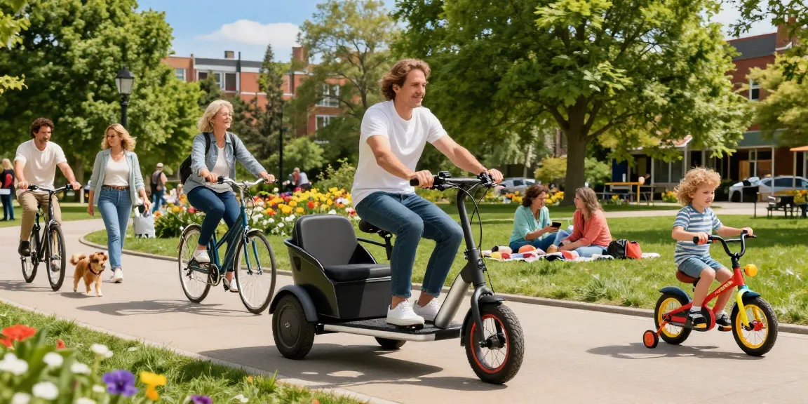 Adults riding the best electric tricycles in an urban park, showcasing family-friendly cycling.