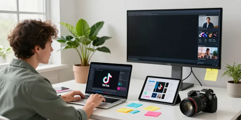 AI tools for TikTok captions in action, content creator brainstorming captions in a vibrant workspace.