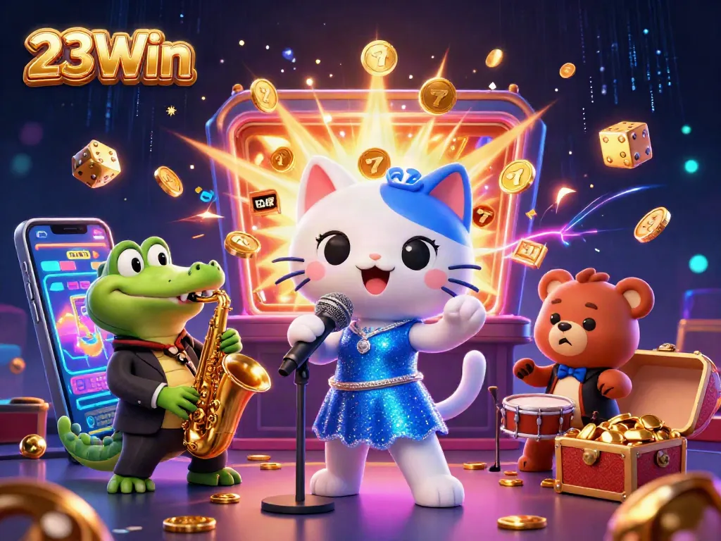 Experience the lively 23Win atmosphere with a jazz-singer cat, saxophone crocodile, and drum-cub in a vibrant casino setting.