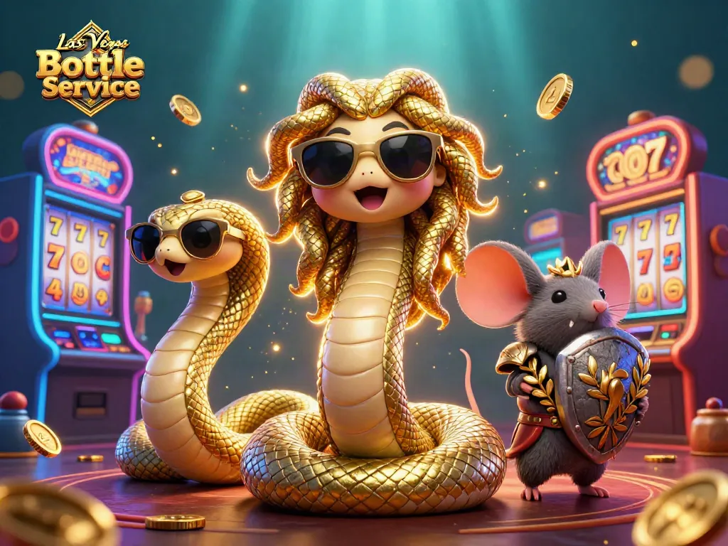 Experience Las Vegas Bottle Service with a fun 3D cartoon scene featuring Medusa and a warrior mouse.