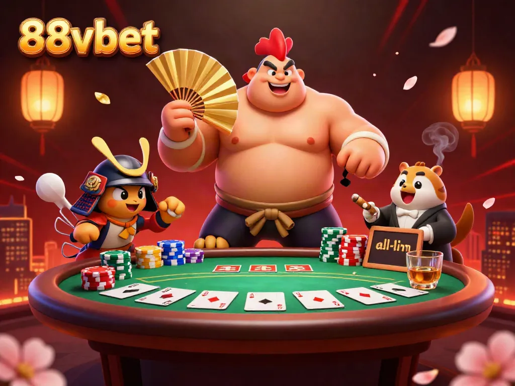 Witness the excitement of 88vbet with a massive sumo chicken and samurai cricket in a vibrant poker scene.