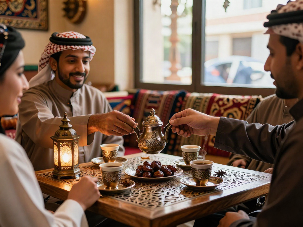 تجربة قھوجي الریاض في مقهى تقليدي مع أصدقاء، تقدم القهوة العربية والتمور بتفاصيل غنية.