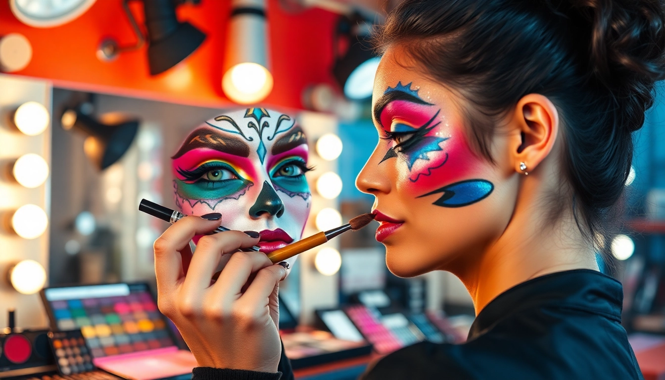 Apply special effects makeup Dallas TX artistically in a colorful studio with vibrant tools.