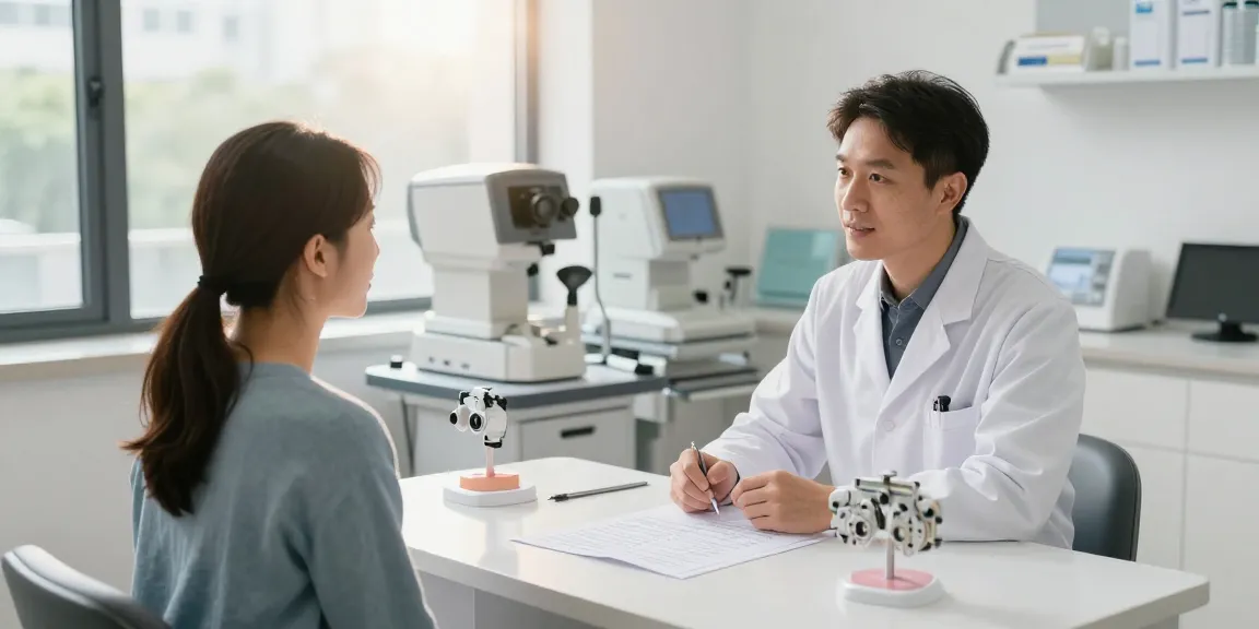 品川近視クリニックの口コミを求める患者が眼科医と相談しているシーン