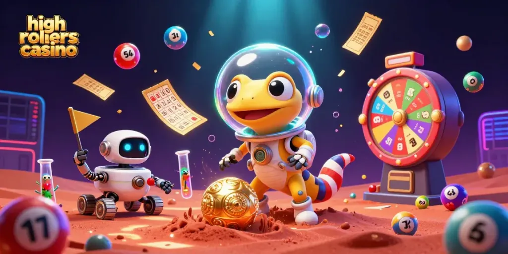 Engage with the high rollers casino scene showcasing a Martian gecko in a golden casino, surrounded by colorful elements.