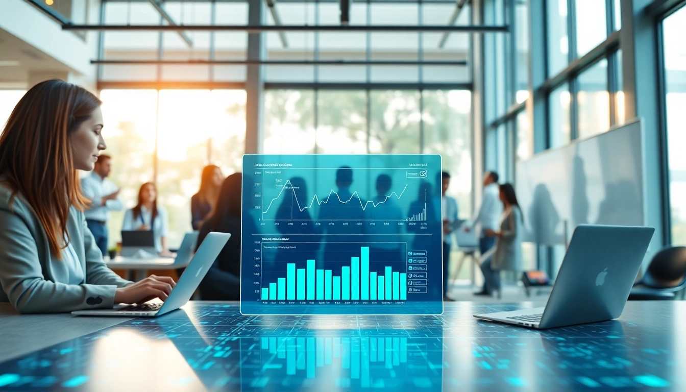 AI agents working collaboratively in a modern office environment with digital interfaces on display.