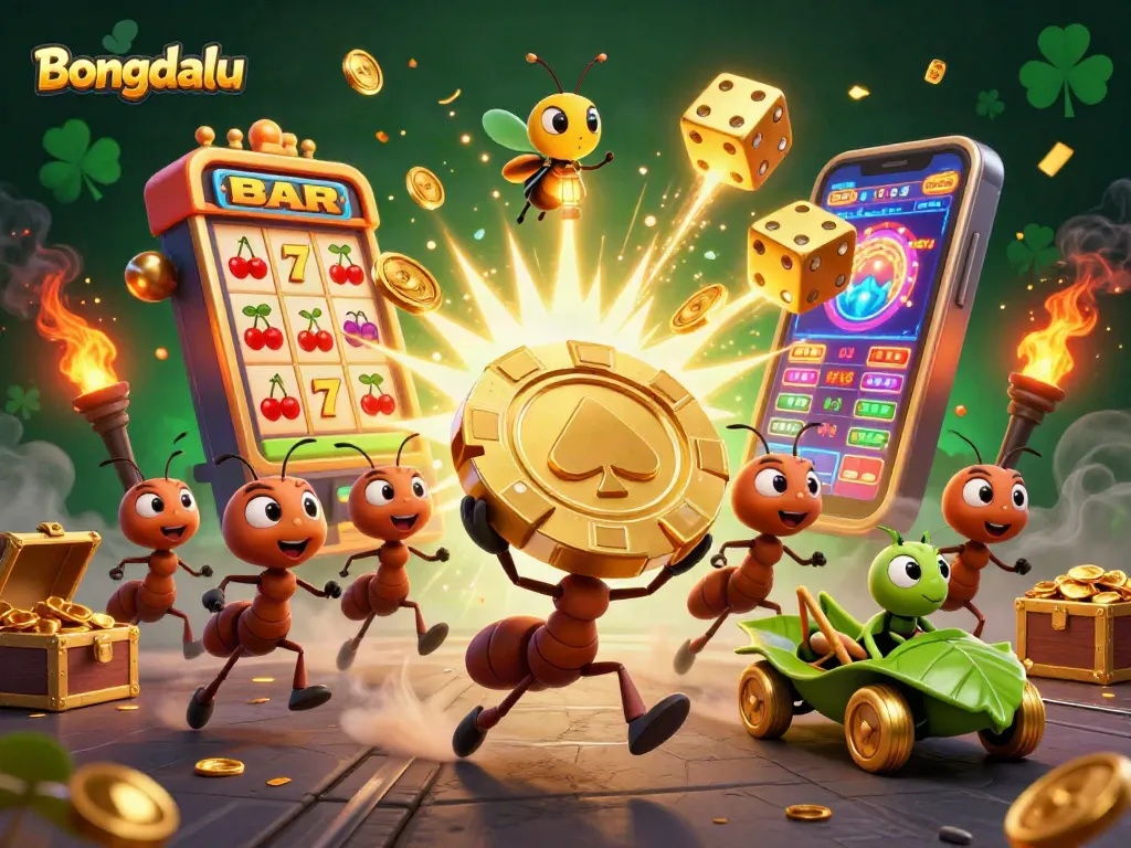 Bongdalu ants on a heist with a golden poker chip and dynamic casino elements in a vibrant scene
