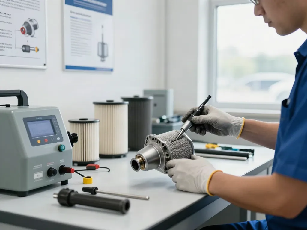 DPF Reinigung Hannover: Techniker bei der Überprüfung eines Dieselpartikelfilters in einer Werkstatt.