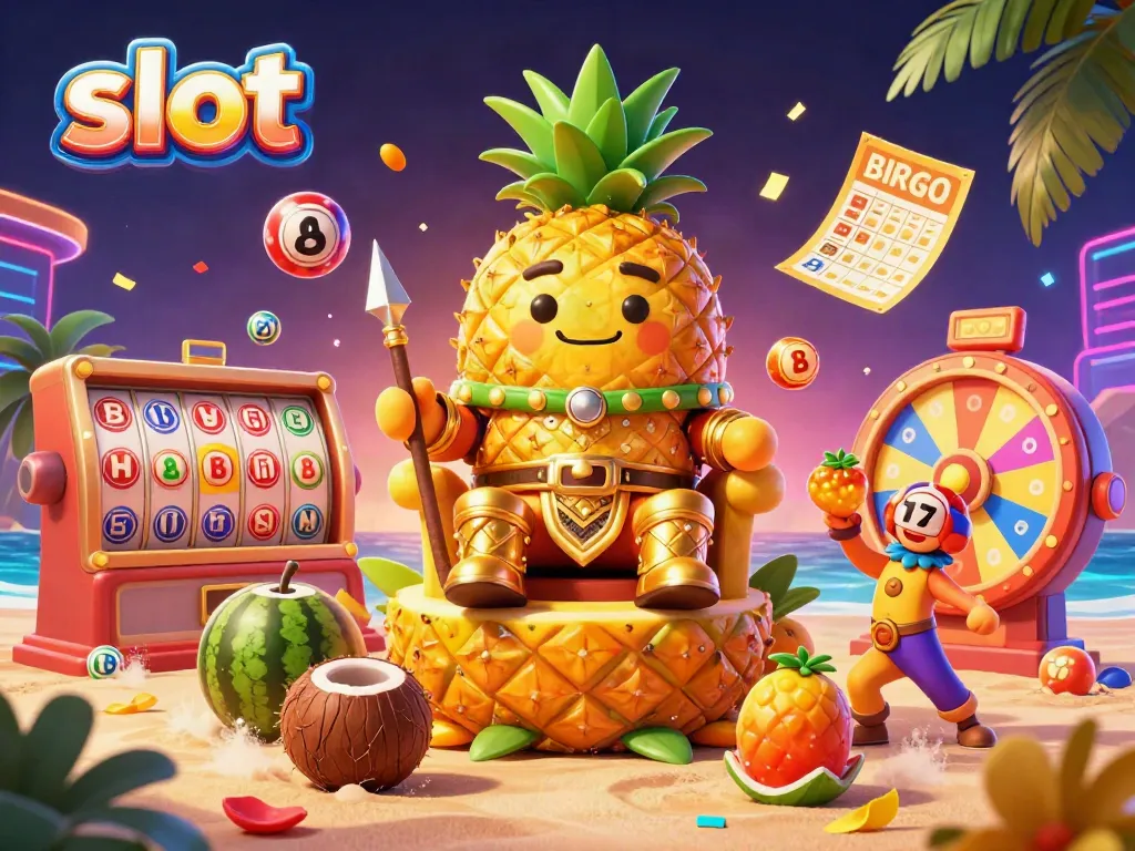 Engaging 3D illustration of a golden pineapple king amidst slot reels and vibrant casino elements.