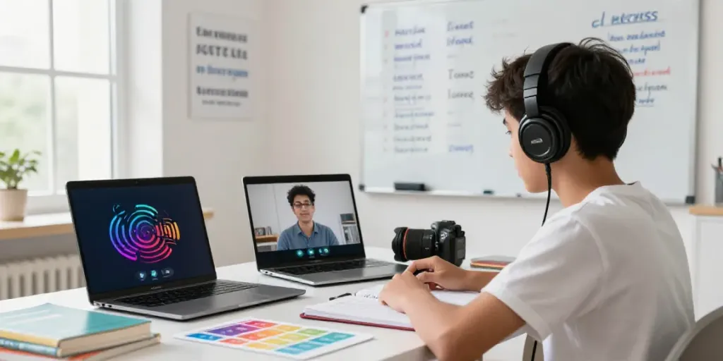 Student engaging in an online English course, surrounded by educational materials, showcasing effective language learning with interactive technology and motivation.