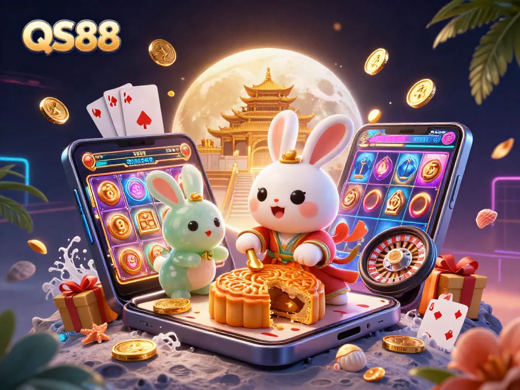 Experience fun gaming at QS88 with a lively moon rabbit scene that showcases casino elements.