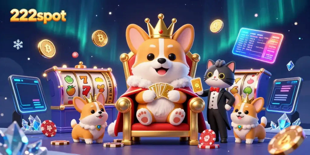 Slot Gacor Terbaik di 222slot, Raja Corgi menguasai meja poker dengan kartu emas.