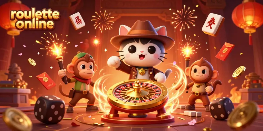 Spin the roulette online with a vibrant scene of an explorer and monkey amidst casino artifacts.