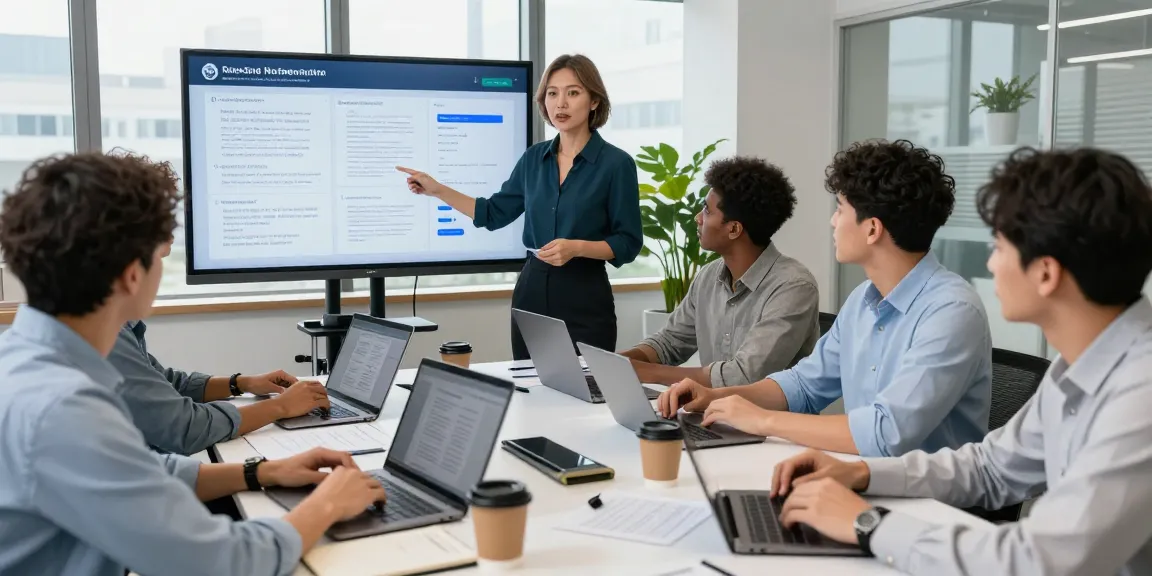 Document fraud detection software presentation in a collaborative office environment showcasing teamwork and analytics.