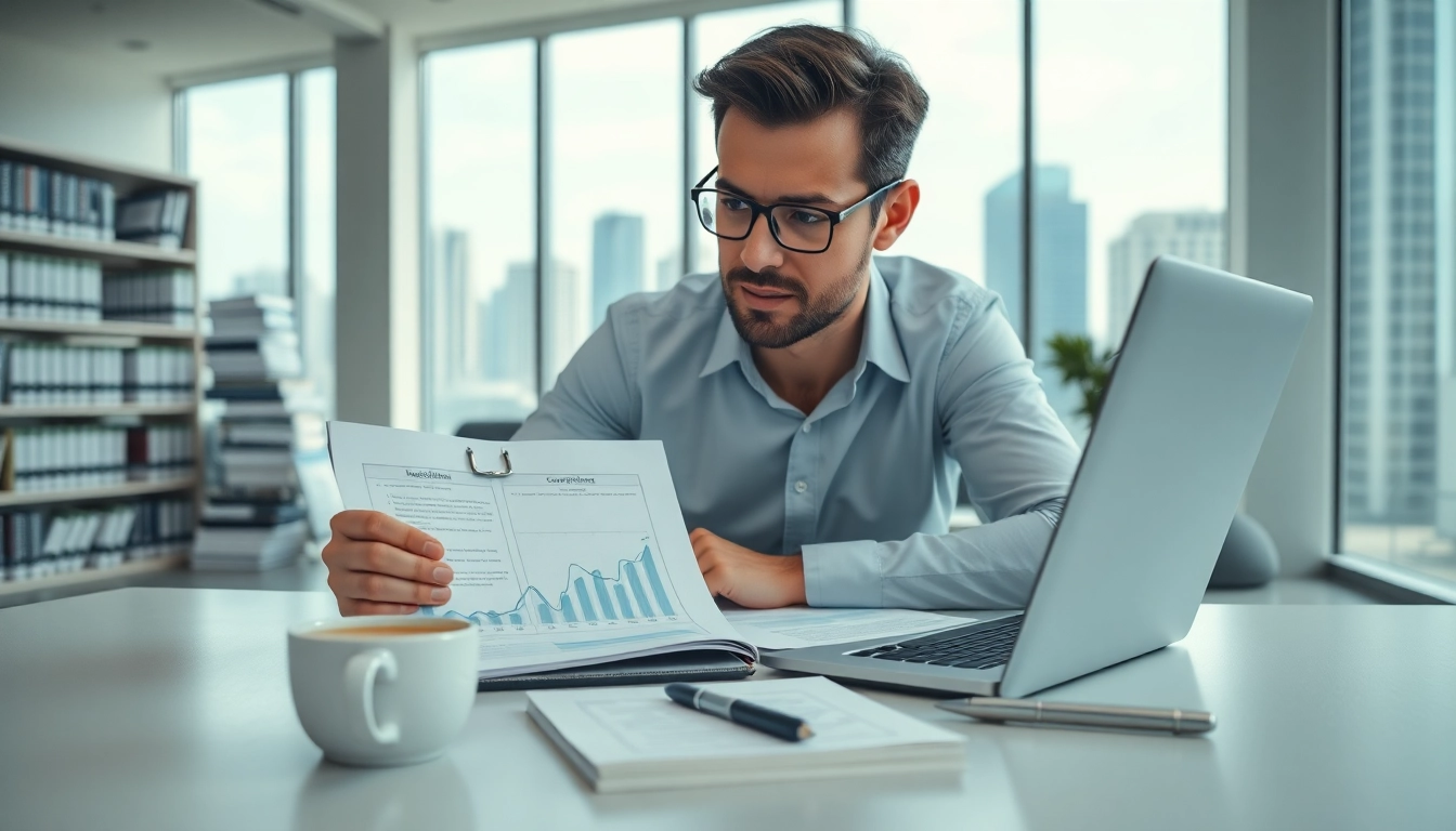 Compliance consultant reviewing FCPA/DCAA/Flowdown/ITAR/EAR compliance paperwork in a modern office.