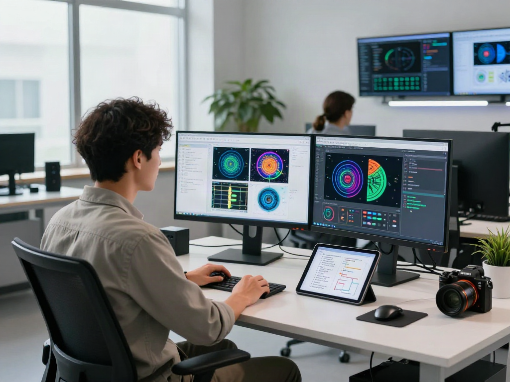 AI Image Detector in use by data scientist analyzing generated images in a modern tech lab