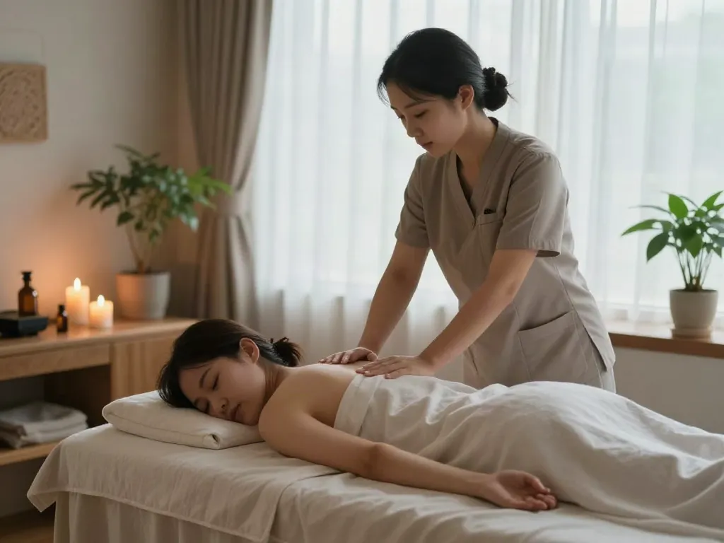 Relaxation scene of 강남출장마사지 with therapist and tranquil spa atmosphere.