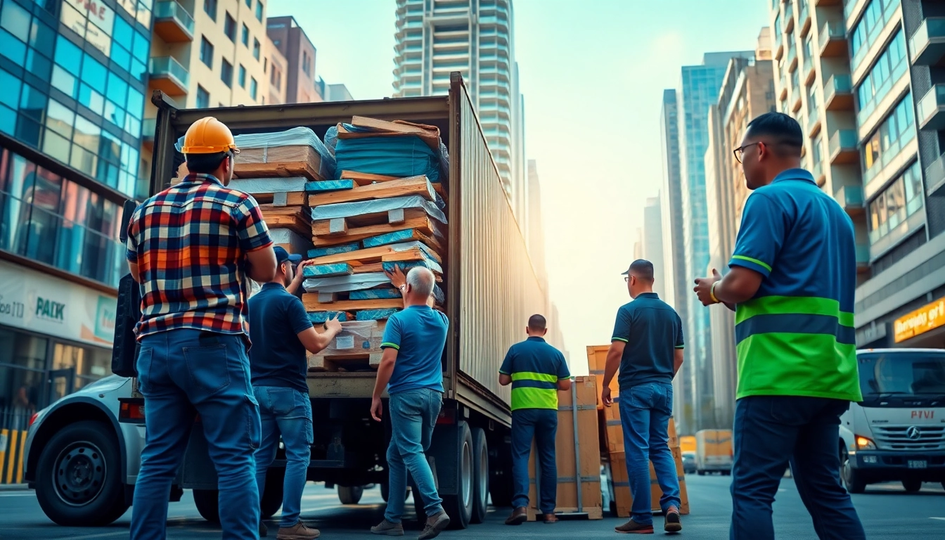 Hauling team efficiently loading items onto a truck in a dynamic urban environment.