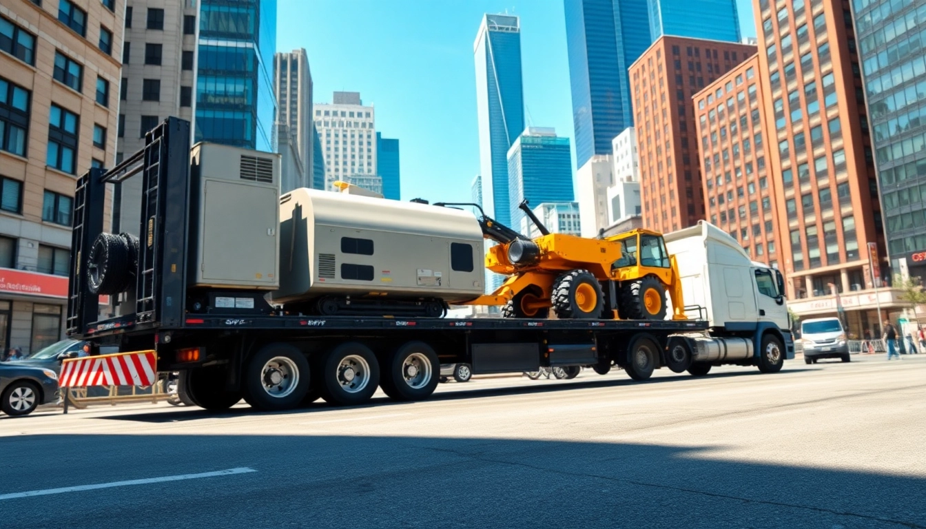 Transporting heavy machinery for equipment transportation services in an urban setting.