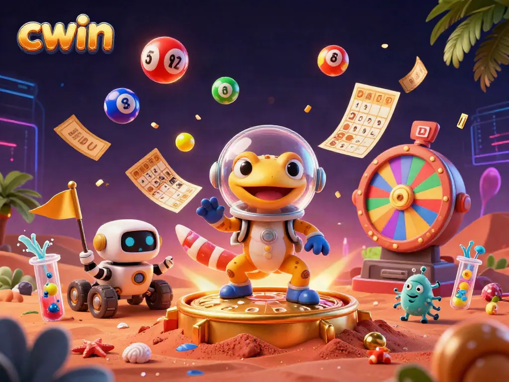 Experience the excitement of CWIN with a Martian gecko discovering a golden casino amid colorful lottery elements.