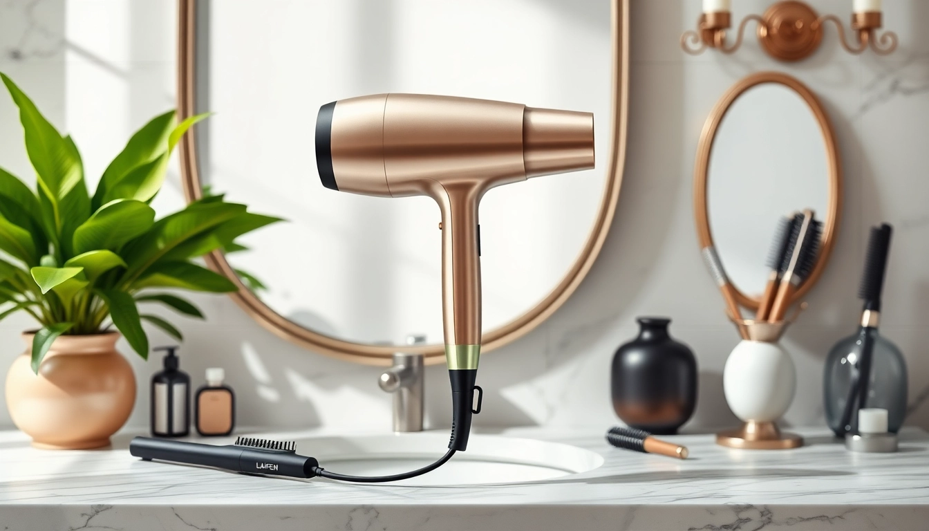 Experience the performance of Laifen hair dryer displayed elegantly on a bathroom vanity.
