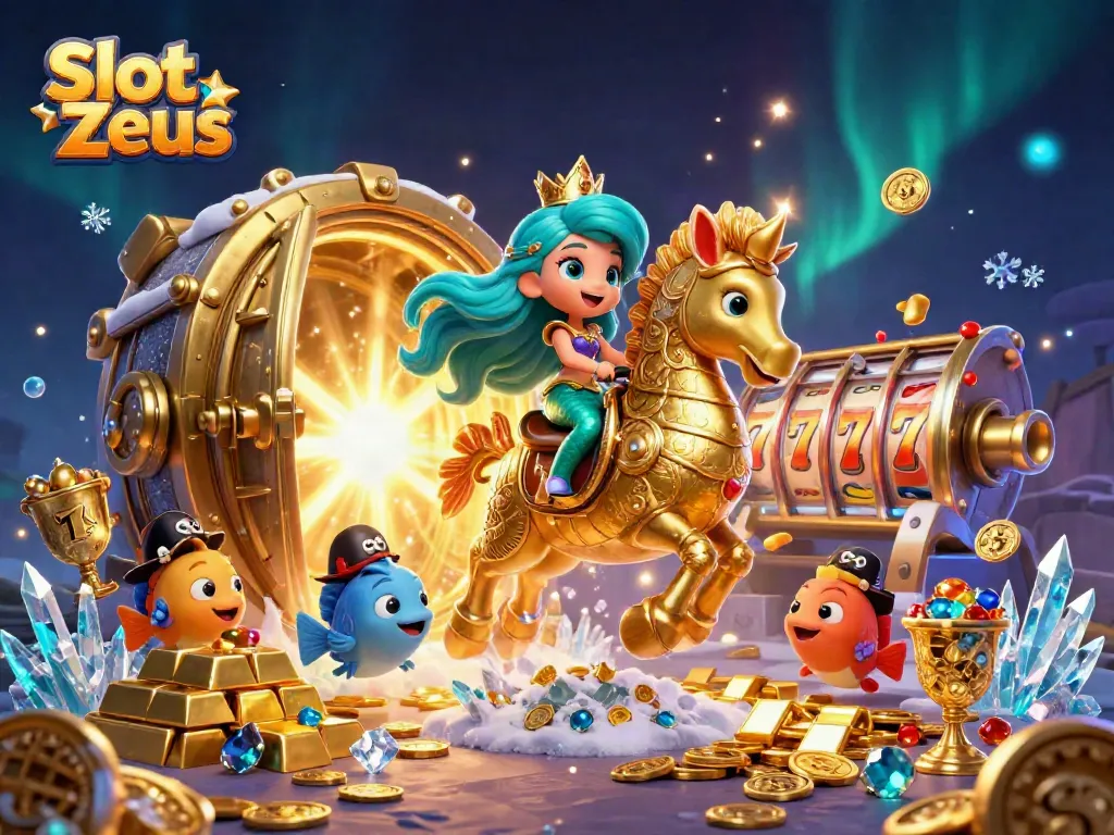 Spin to win at Slot Zeus with vibrant characters, gold treasure, and a thrilling atmosphere.