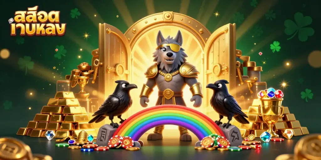 Experience excitement with สล็อตเว็บตรง as Odin and his ravens guard treasure in a casino-inspired scene.