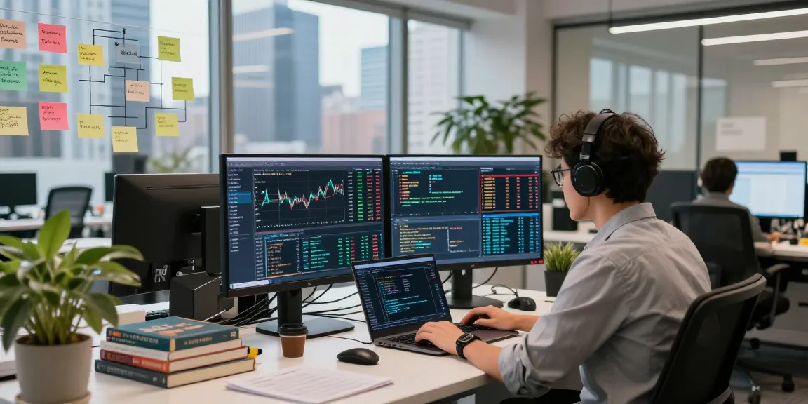 Real-time Nasdaq index data feed displayed on dual monitors in a modern tech workspace.