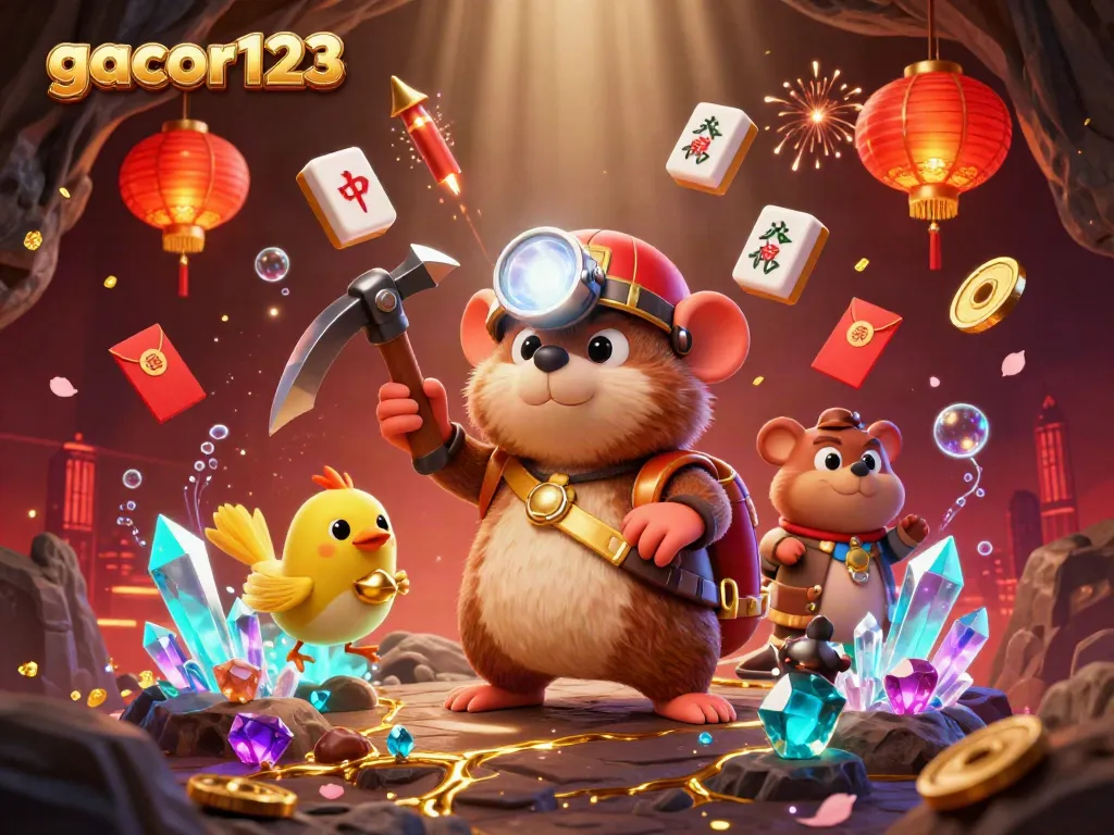 Gacor123: Engaging cartoon scene of treasure hunter mole mining in a vibrant casino-themed cave.
