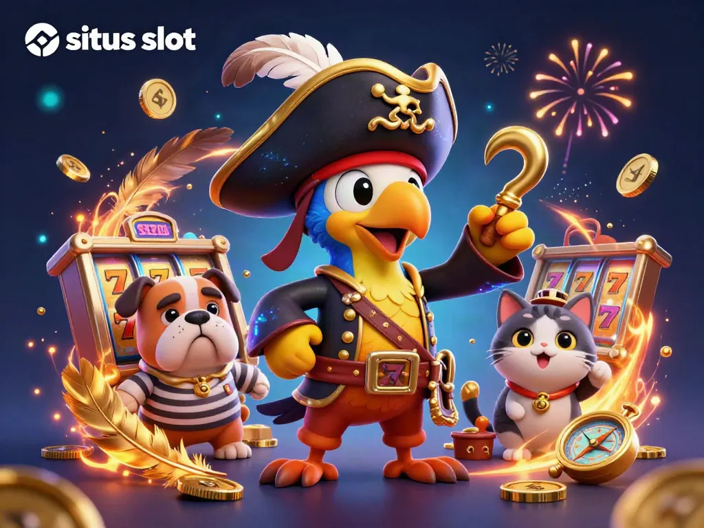 Permainan di situs slot dengan karakter kartun bajak laut di tengah suasana penuh warna.