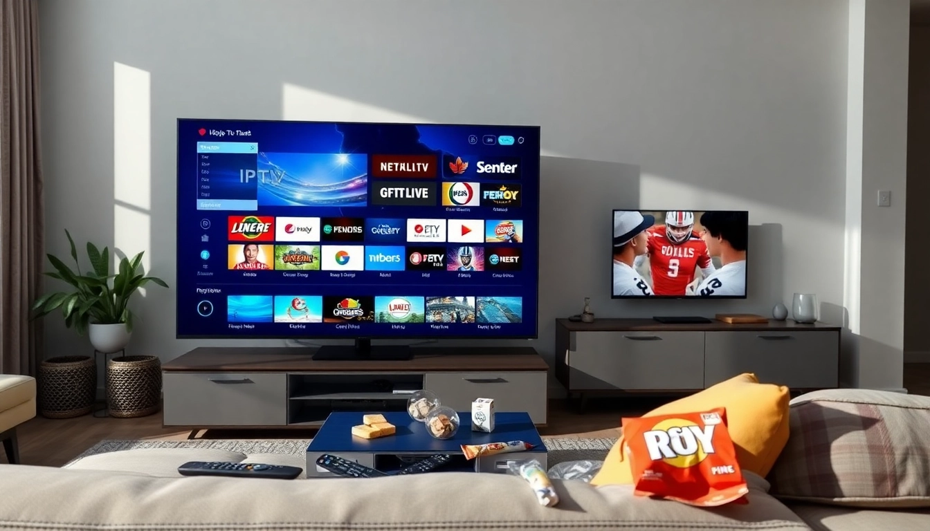 Enjoy multiple channels on a sleek TV in a cozy living room with free trial iptv options.