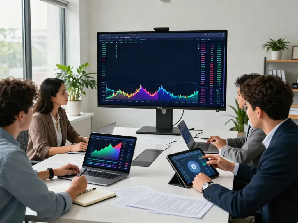 Collaborative financial analysts reviewing market trends on FintechZoom.com in a modern office.