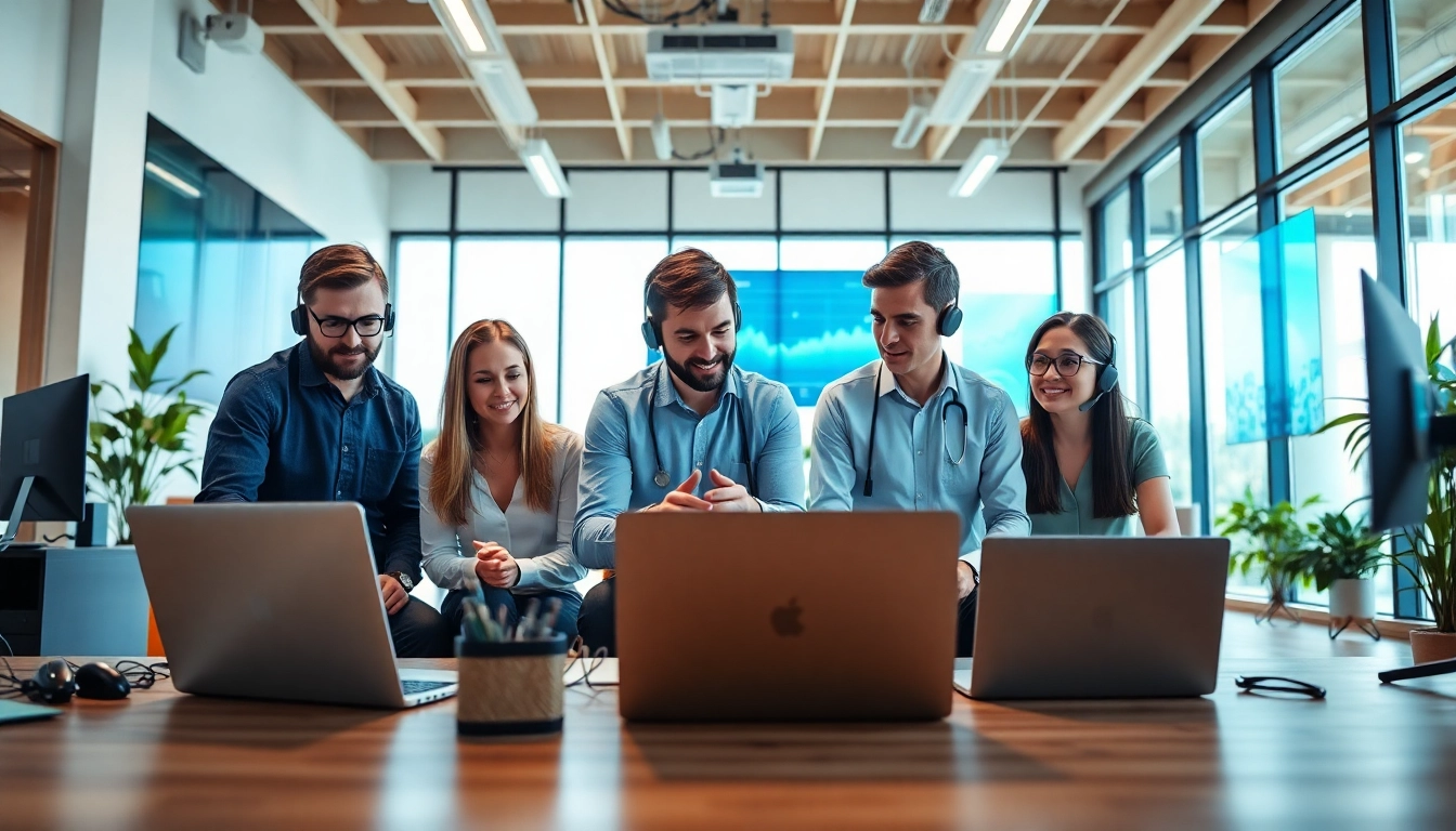 Engaged professionals providing small business it support services in a modern office setting.