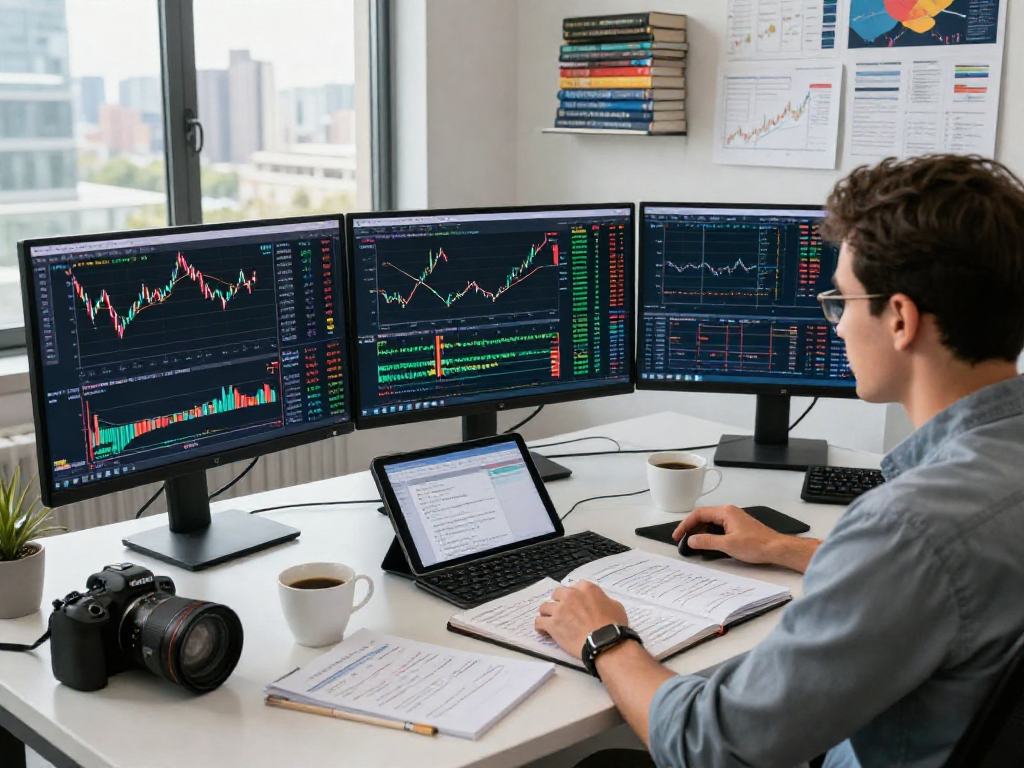 在TradingView上分析股票、外汇和加密货币的交易员，展示充满活力的交易环境。