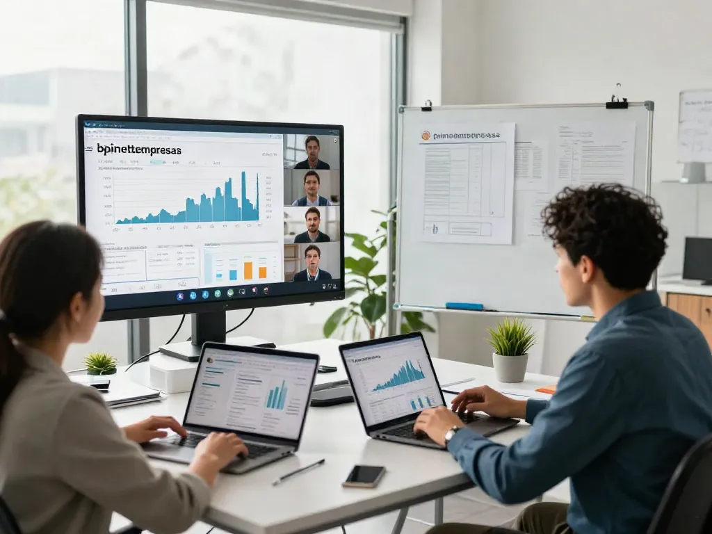 Collaborative business meeting about bpinetempresas strategy in a modern office.