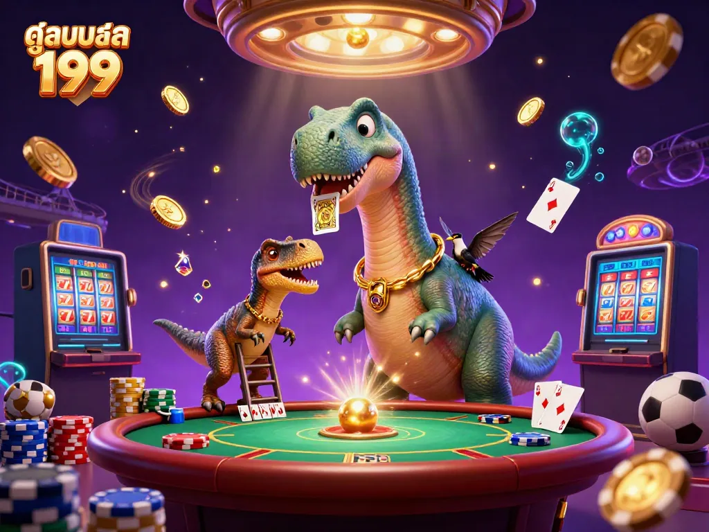 Experience the thrill of sports betting with ดูบอลสด 199 in a vibrant, animated casino scene full of excitement.