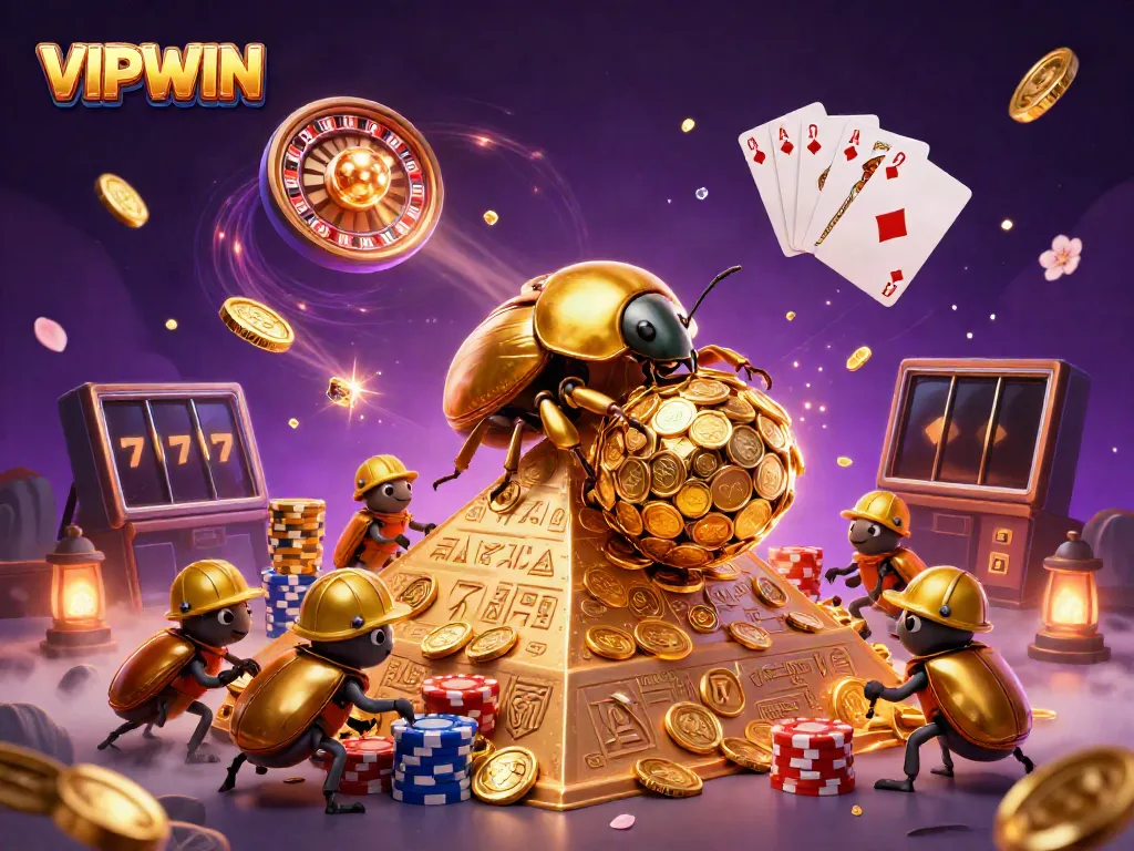 Engage in high-stakes gameplay with VIPWIN, featuring a golden beetle rolling coins and dynamic casino elements.
