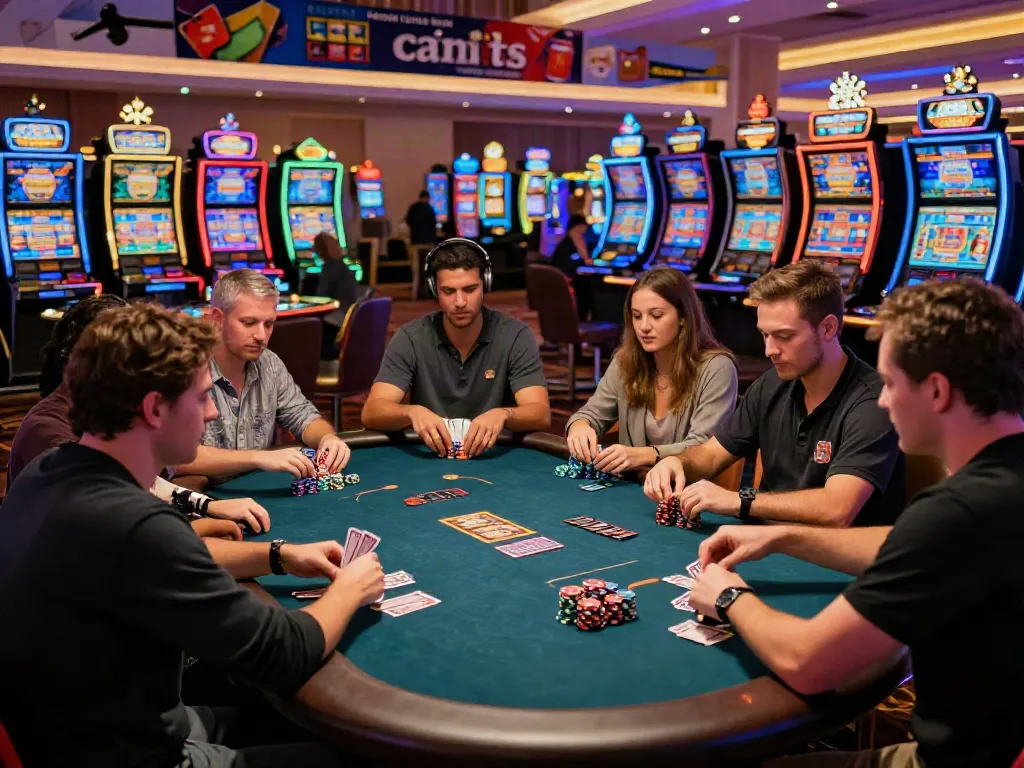 Excited players enjoying a lively poker game at a credit card casino, surrounded by colorful gaming machines.