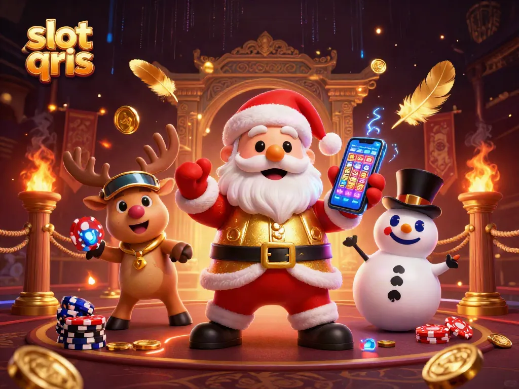 Spin to win at slot qris with a vibrant casino scene featuring Santa and friends.
