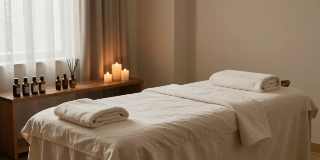 Serene 출장마사지 room with massage table, aromatherapy oils, and calming ambiance.