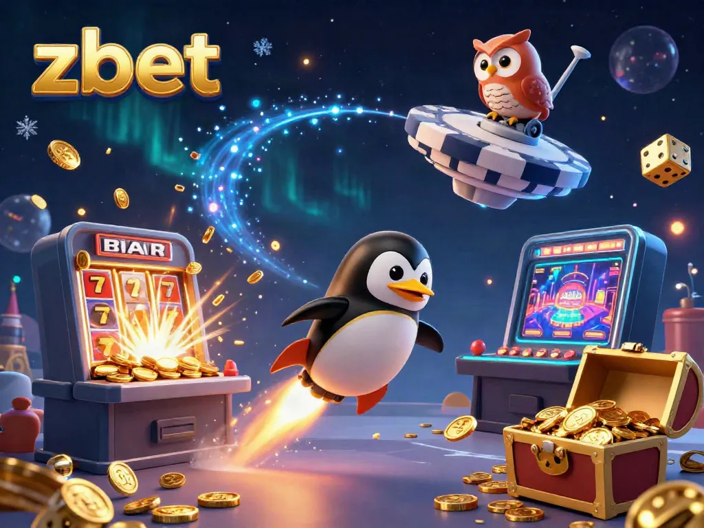 Experience the excitement of zbet with a vibrant 3D scene of a penguin blasting into a casino-themed galaxy.