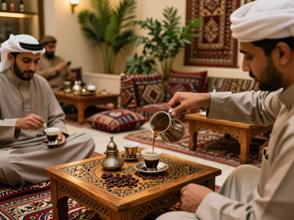 قهوجي الرياض يصب القهوة العربية في مقهى تقليدي مع أجواء دافئة