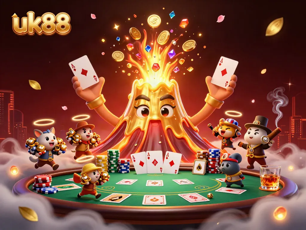 Win big with uk88 in this triumphant treasure-filled casino illustration featuring a volcano and explorers.