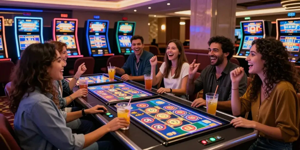 Exciting group enjoying สล็อตเว็บตรง gaming at an upscale casino table.