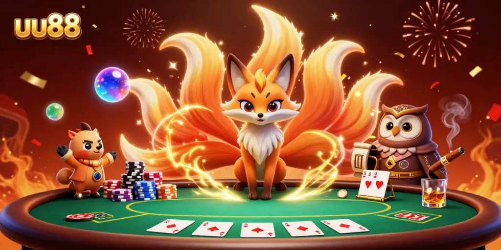 Experience thrilling poker action with uu88 featuring a vibrant, magical fox spirit and wise owl sage.