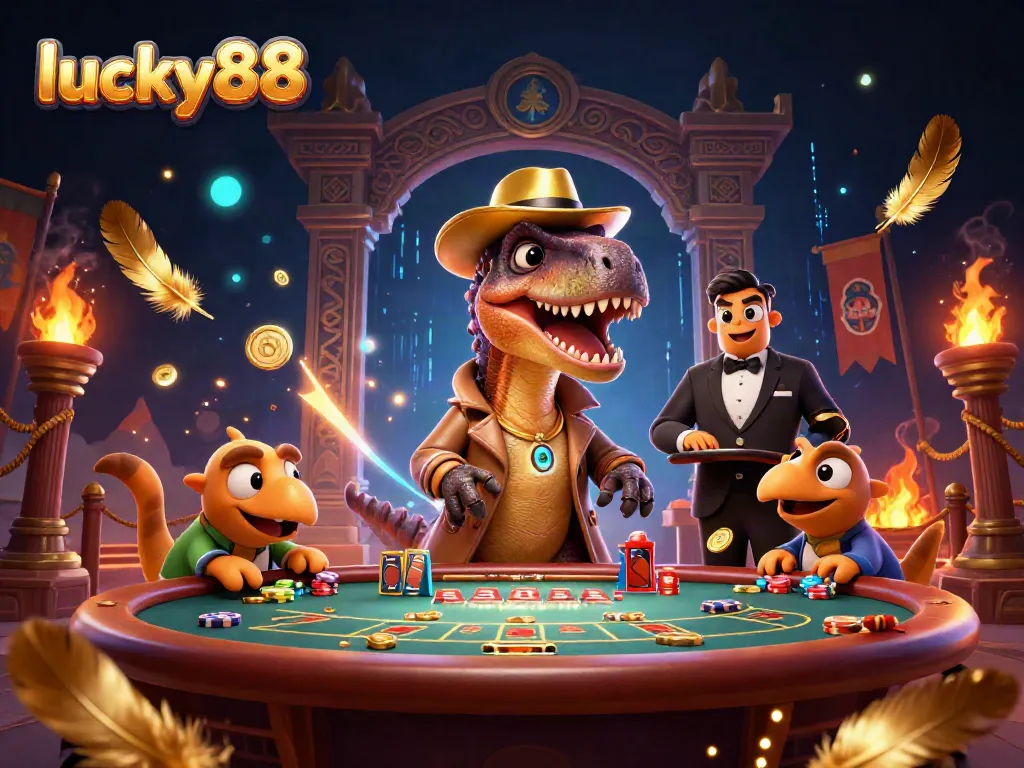 Experience excitement at lucky88 casino with a velociraptor card counter and stegosaurus pit boss in a thrilling blackjack scene.
