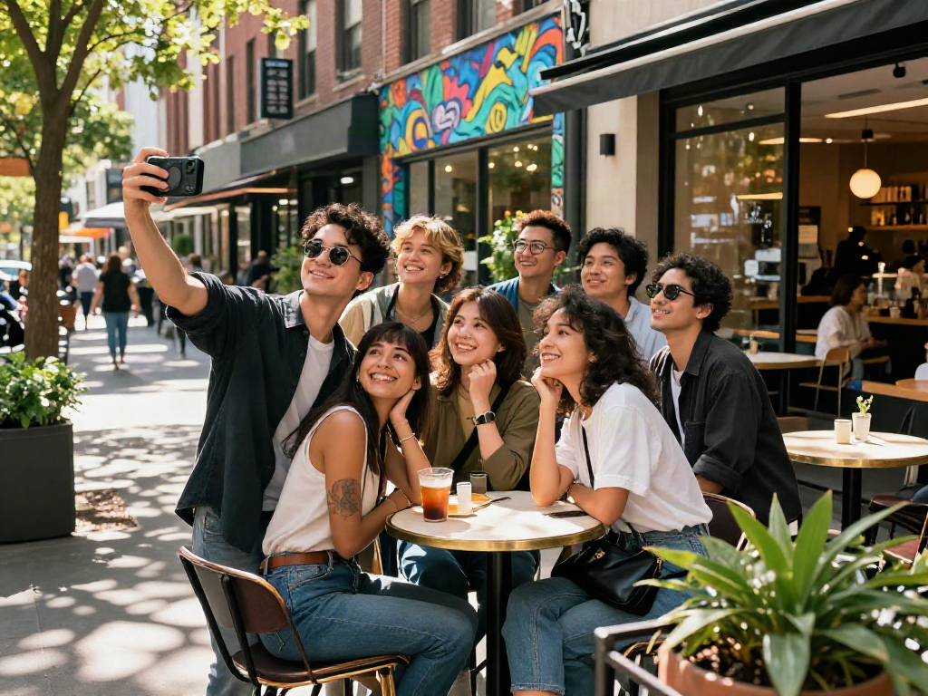 Group of friends enjoying an attractiveness test day out in the city.